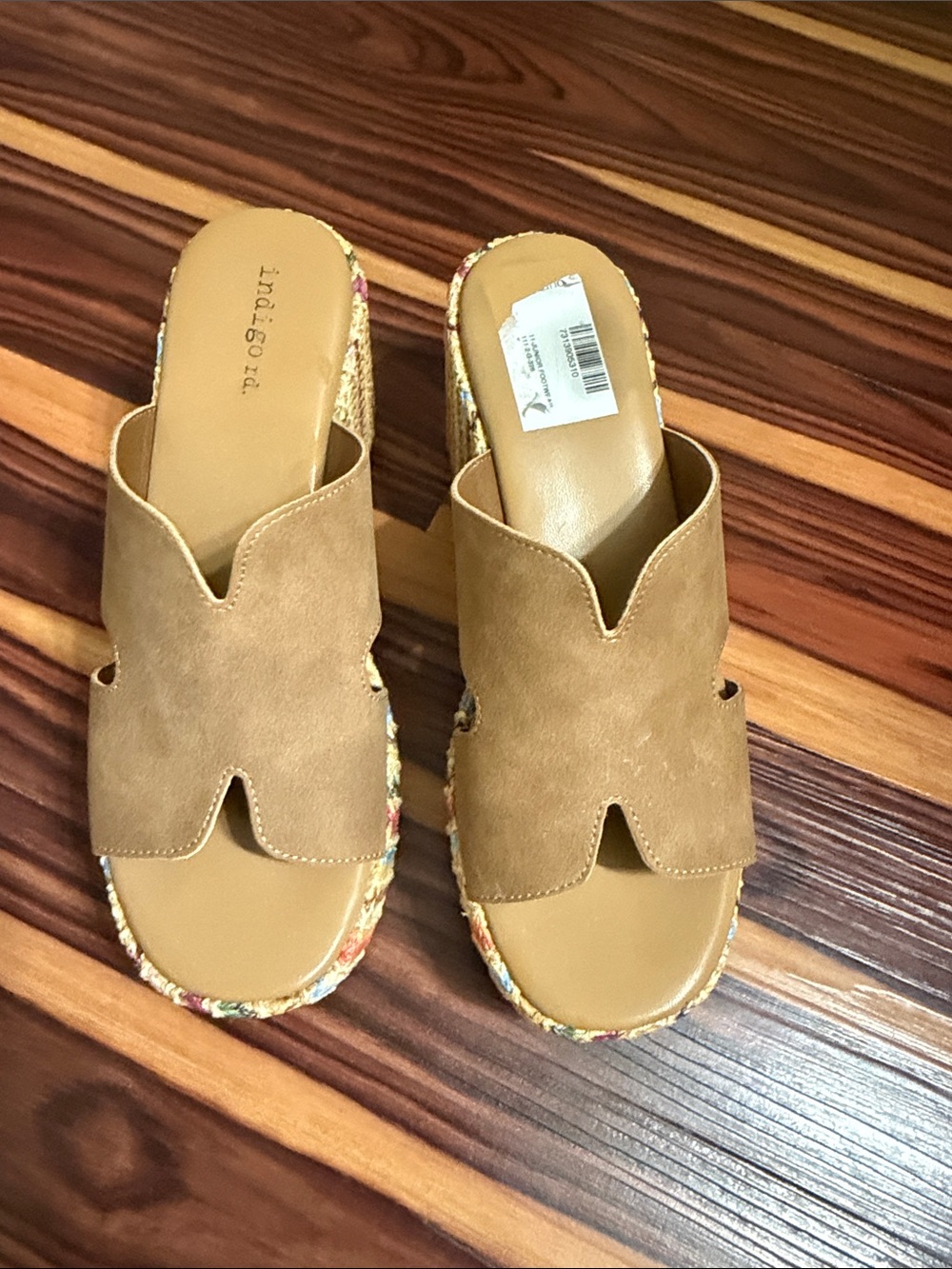 Indigo Tan Suede-Look Slide Mules with Floral Trim